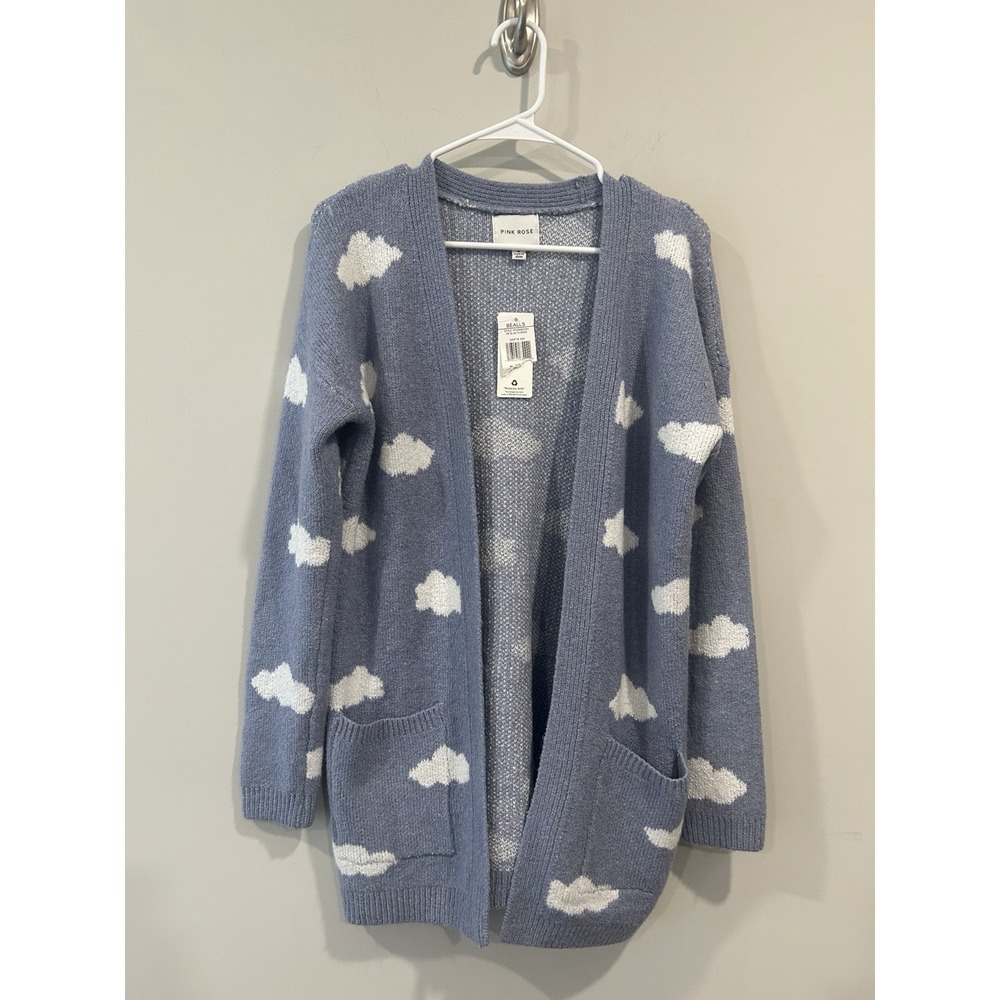 Pink Rose Size M Blue Clouds Pattern  Cardigan  2 Pockets Inthe Front NEW